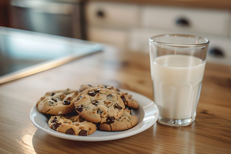 Chocolate chip cookies and a glass of milk on a wooden tableの素材