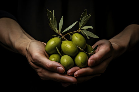 Fresh Olive fruits. Ripe Olive in handの素材