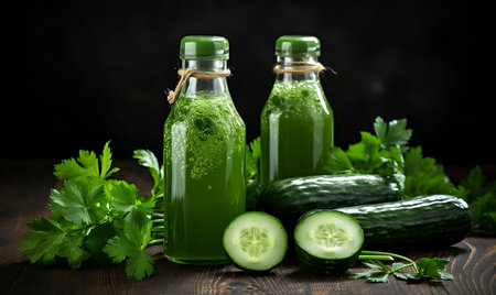 Cucumber juice in glass bottle with ingredients on dark wooden backgroundの素材