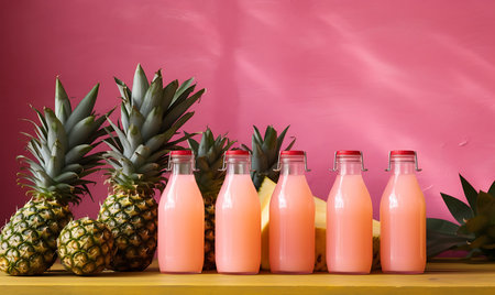 Bottles of pineapple juice on a pink wooden tableの素材