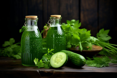 Cucumber juice in glass bottle with ingredients on dark wooden backgroundの素材