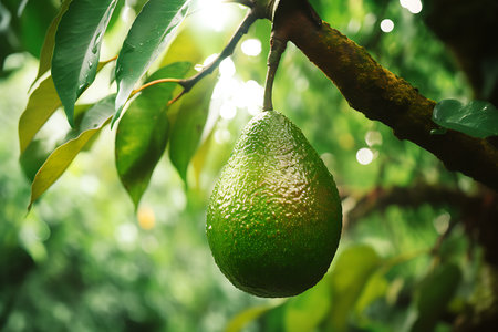 Avocado on a tree in the orchard. Fresh Avocado fruitsの素材