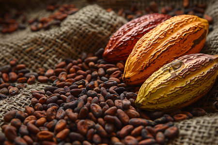 Cacao beans with cacao fruit pods on wooden backgroundの素材