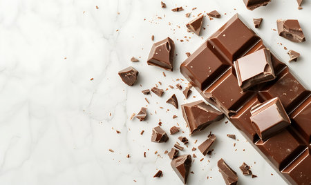 Broken chocolate bar isolated on white tableの素材