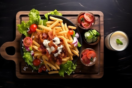 Top view of french fries with sour cream and salad on a wooden boardの素材