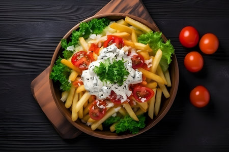 Top view of french fries with sour cream and salad on a wooden boardの素材