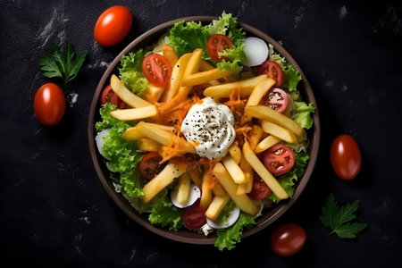 Top view of french fries with sour cream and salad on a wooden boardの素材
