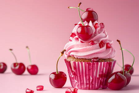 Cupcake with cherry on a pink background.の素材