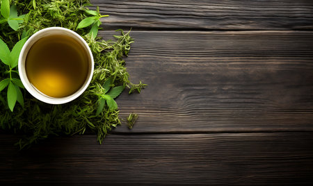 Green tea in a glass cup on a wooden background. Selective focus.の素材