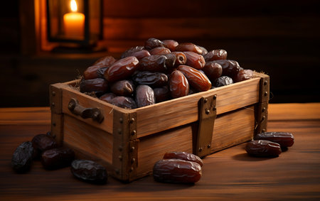 Dates in wooden crate. Fresh Datesの素材