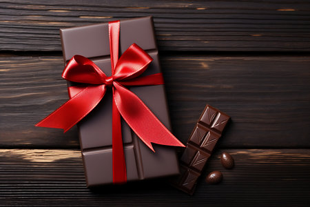 Chocolate bar with red bow on dark wooden background, top viewの素材