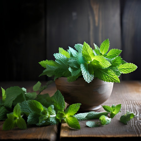 Fresh mint leafs in mortar on grey wooden tableの素材
