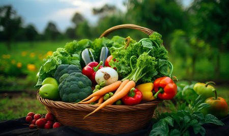 Fresh vegetables in wicker basket on wooden table outdoors, closeupの素材
