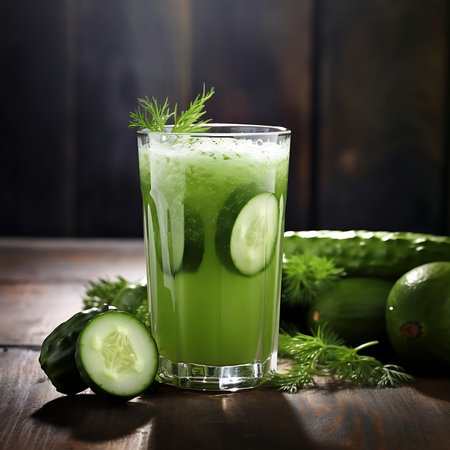 Cucumber smoothie with cucumber slices and mint on wooden backgroundの素材