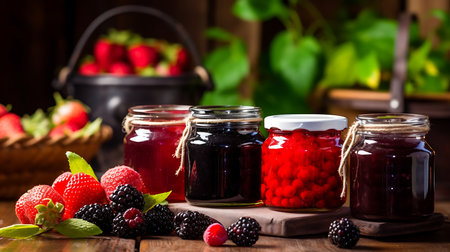 assortment of jams in glass jars with fresh berries on wooden tableの素材