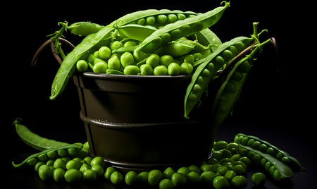 Fresh green peas in a basket on a black background, close upの素材