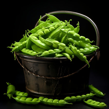 Green pea pods with bucket on a black backgroundの素材
