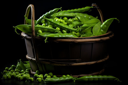 Fresh green peas in a basket on a black background, close upの素材