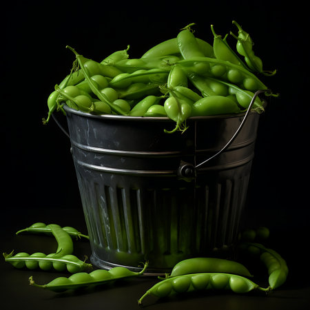 Green pea pods with bucket on a black backgroundの素材
