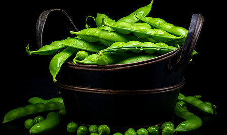 Green pea pods with bucket on a black backgroundの素材
