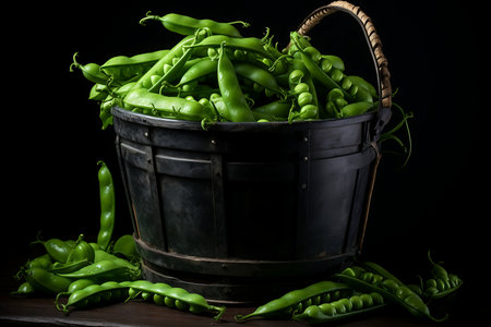 Fresh green peas in a basket on a black backgroundの素材