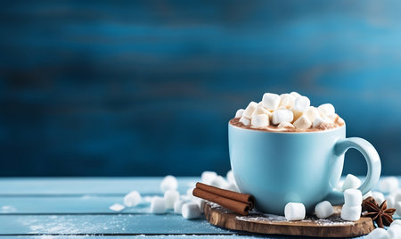 Cup of hot chocolate with marshmallows on blue wooden tableの素材