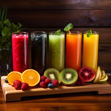 Fresh fruit juices in glasses on a wooden tableの素材