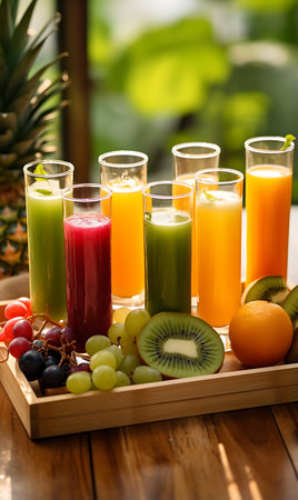 Fresh fruit juices in a glass on a wooden backgroundの素材