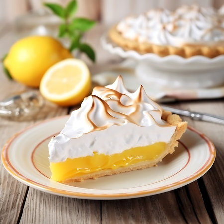 Lemon meringue pie on plate white on wooden table.の素材