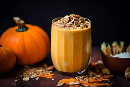 Pumpkin smoothie with granola and nuts in a glassの素材