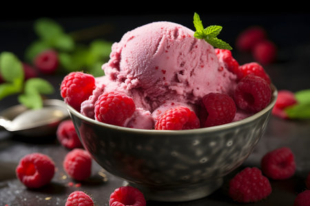 Raspberry ice cream with fresh raspberries in a bowlの素材