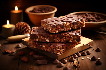 Granola bars with nuts and chocolate glaze on wooden backgroundの素材