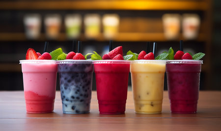 Sweet smoothie in plastic cups on wooden tableの素材