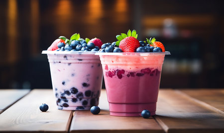 Sweet smoothie in plastic cups on wooden tableの素材