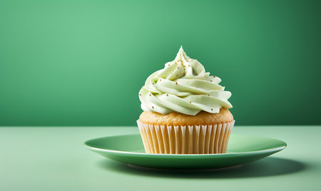 Tasty cupcake on plate on green backgroundの素材