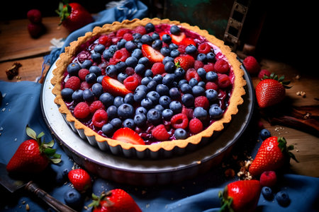 Homemade pie with berries on a wooden backgroundの素材