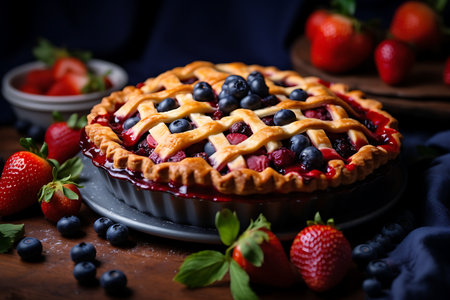 Homemade blueberry tart with fresh berries on wooden backgroundの素材