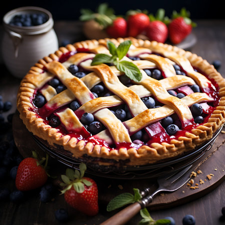Strawberry and blueberry tart on wooden tableの素材