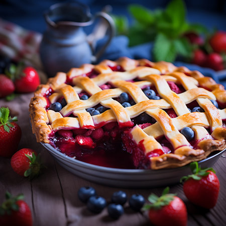 Strawberry and blueberry tart on wooden tableの素材