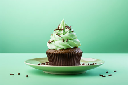 Cupcake with green cream and chocolate chips on a green backgroundの素材
