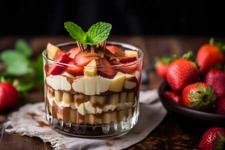 Tiramisu dessert in a glass with strawberries and mintの素材