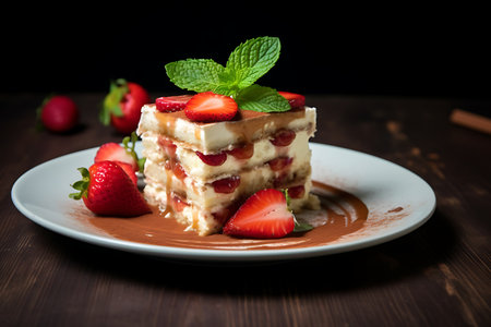 Tiramisu cake with strawberries and mint on a dark backgroundの素材
