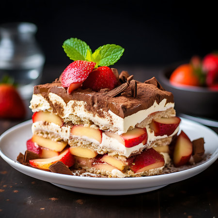 Tiramisu cake with strawberries and mint on a dark backgroundの素材