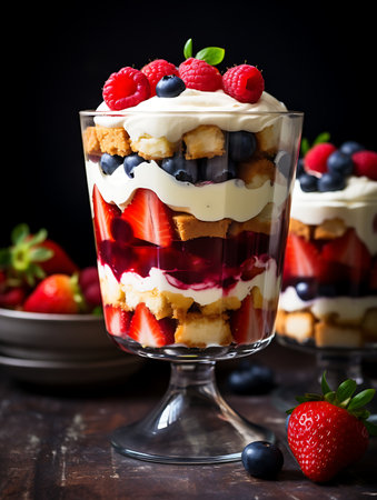 Delicious dessert with cream and berries in glassesの素材