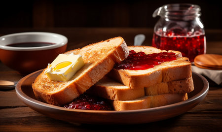 Toasted bread with butter and jam on wooden table,の素材