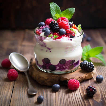 Homemade Greek yogurt with berries on wooden backgroundの素材