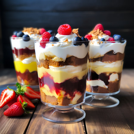 Delicious dessert with cream and berries in glassesの素材