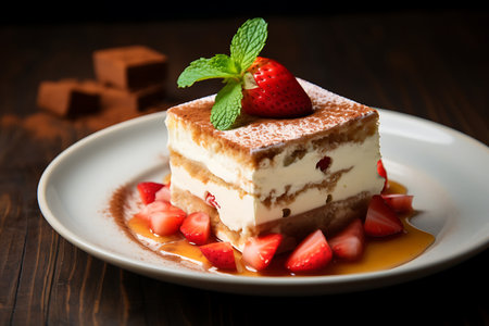 Tiramisu cake with strawberries and mint on a dark backgroundの素材