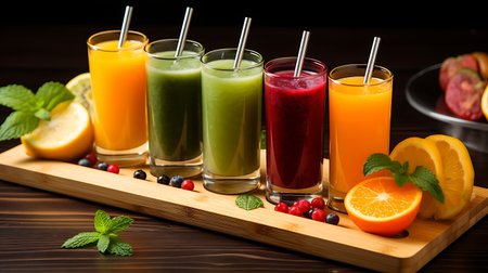 Variety of juices in glasses on a wooden backgroundの素材