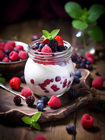 Yogurt with fresh berries on wooden backgroundの素材